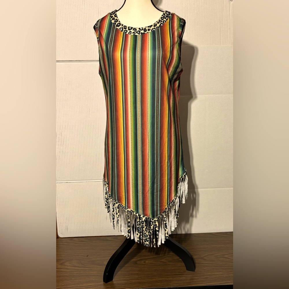 Crazy Train Multicolor Striped Sleeveless Dress w/Fringe size med 36” L 19” p2p